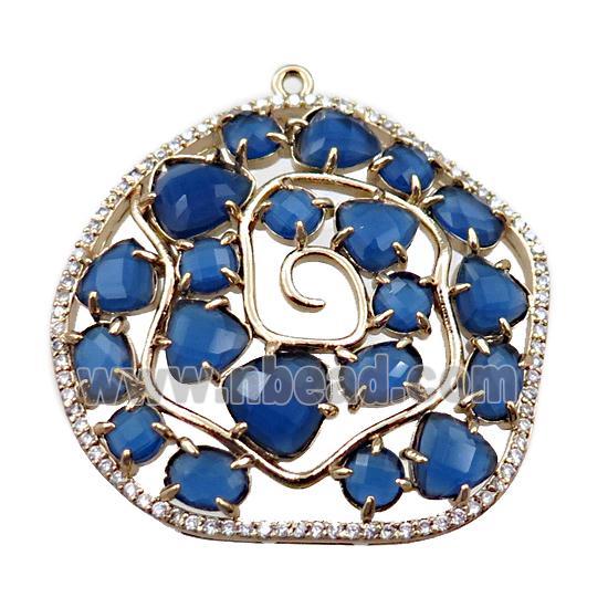 copper flower pendant paved zircon with blue crystal glass, hollow, gold plated