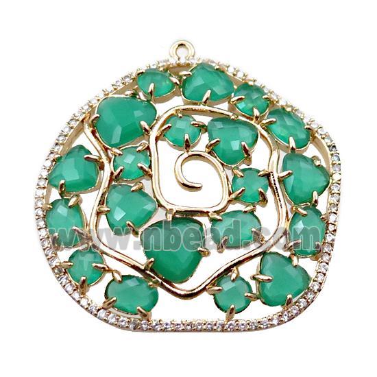 copper flower pendant paved zircon with green crystal glass, hollow, gold plated