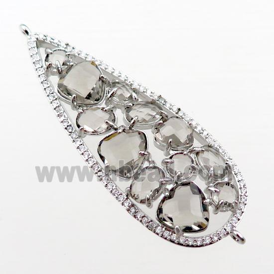 copper teardrop connector paved zircon with smoky crystal glass, hollow, platinum plated