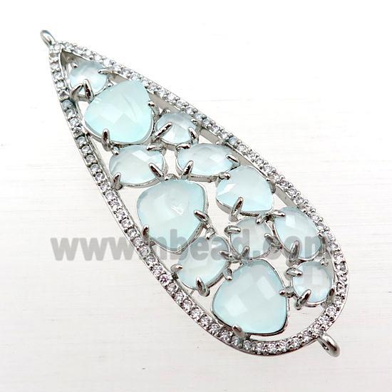 copper teardrop connector paved zircon with green crystal glass, hollow, platinum plated