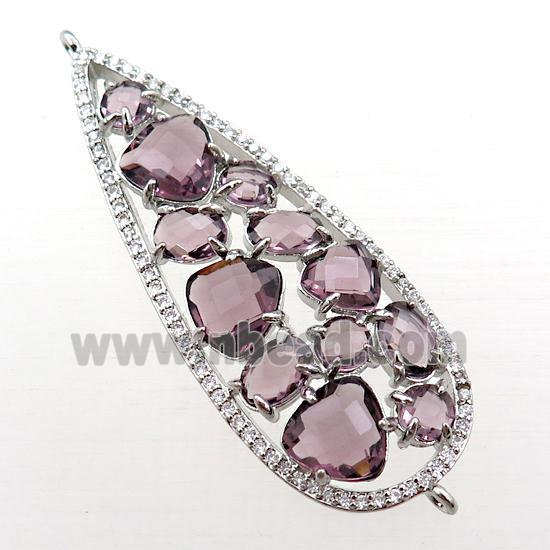 copper teardrop connector paved zircon with purple crystal glass, hollow, platinum plated