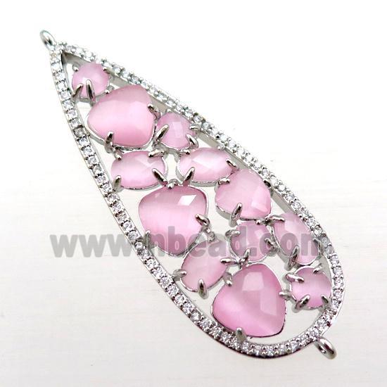 copper teardrop connector paved zircon with pink crystal glass, hollow, platinum plated