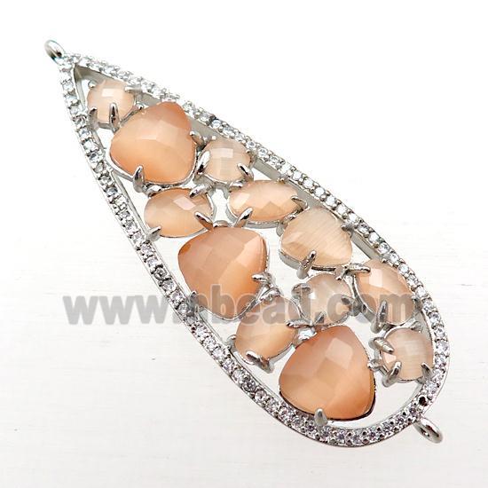copper teardrop connector paved zircon with peach crystal glass, hollow, platinum plated