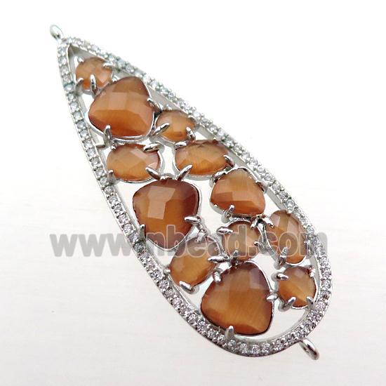 copper teardrop connector paved zircon with brown crystal glass, hollow, platinum plated