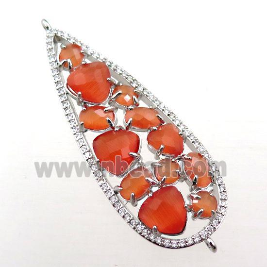 copper teardrop connector paved zircon with orange crystal glass, hollow, platinum plated