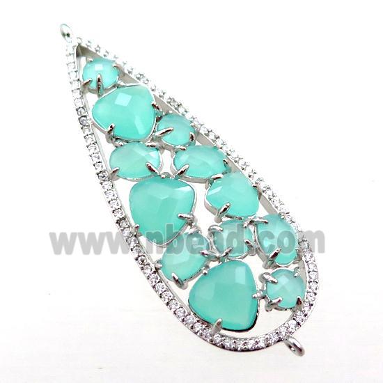 copper teardrop connector paved zircon with green crystal glass, hollow, platinum plated