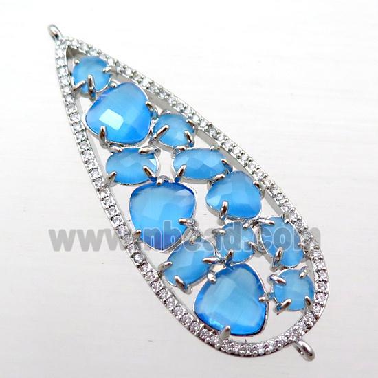 copper teardrop connector paved zircon with blue crystal glass, hollow, platinum plated