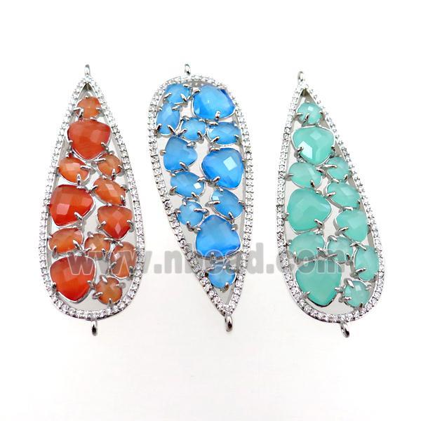 copper teardrop connector paved zircon with crystal glass, hollow, mixed, platinum plated