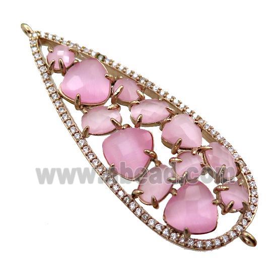 copper teardrop connector paved zircon with pink crystal glass, hollow, gold plated