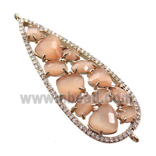 copper teardrop connector paved zircon with peach crystal glass, hollow, gold plated