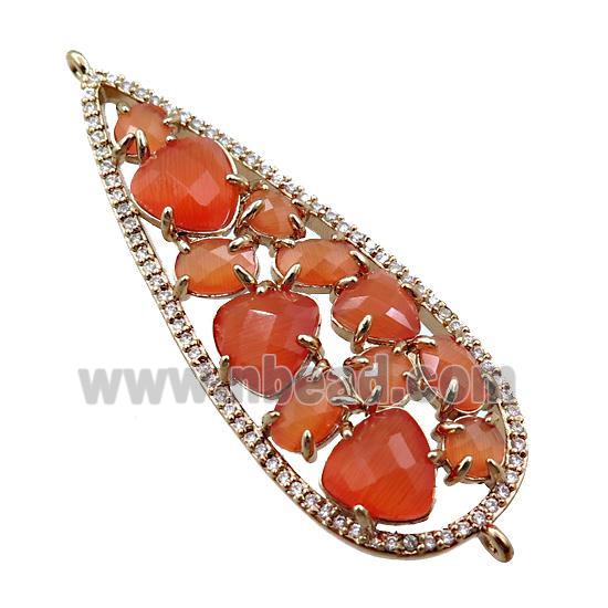 copper teardrop connector paved zircon with orange crystal glass, hollow, gold plated