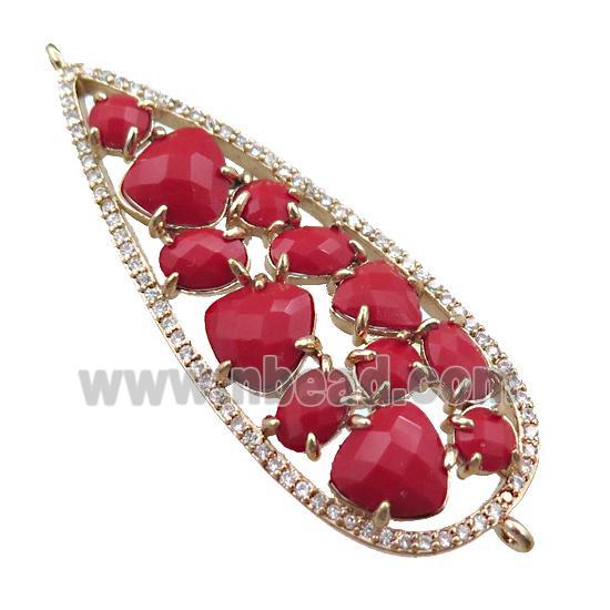 copper teardrop connector paved zircon with red crystal glass, hollow, gold plated