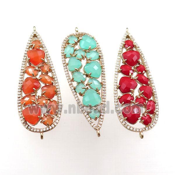 copper teardrop connector paved zircon with crystal glass, mix, hollow, gold plated