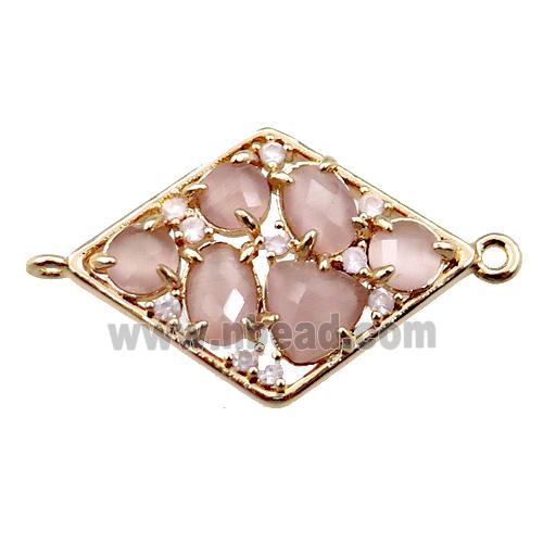copper polygon connector paved zircon with pink crystal glass, hollow, gold plated