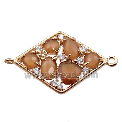 copper polygon connector paved zircon with brown crystal glass, hollow, gold plated