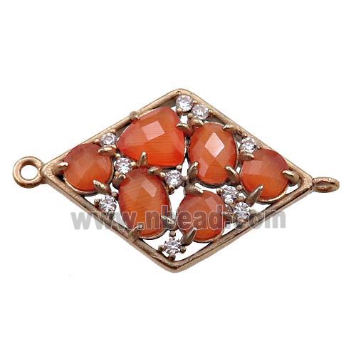 copper polygon connector paved zircon with orange crystal glass, hollow, gold plated