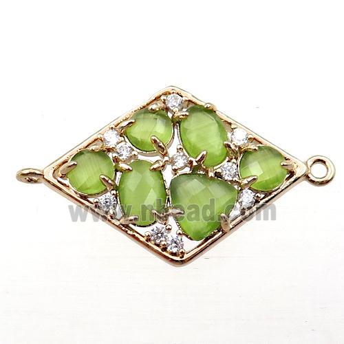 copper polygon connector paved zircon with olive crystal glass, hollow, gold plated