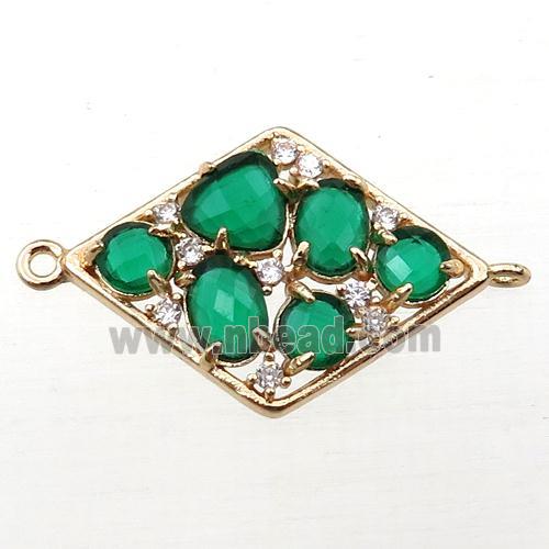 copper polygon connector paved zircon with green crystal glass, hollow, gold plated