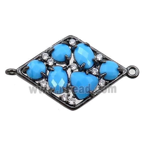 copper polygon connector paved zircon with blue crystal glass, hollow, black plated
