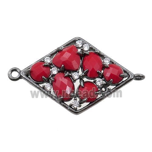 copper polygon connector paved zircon with red crystal glass, hollow, black plated
