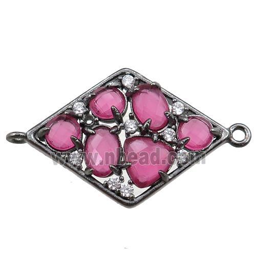 copper polygon connector paved zircon with pink crystal glass, hollow, black plated