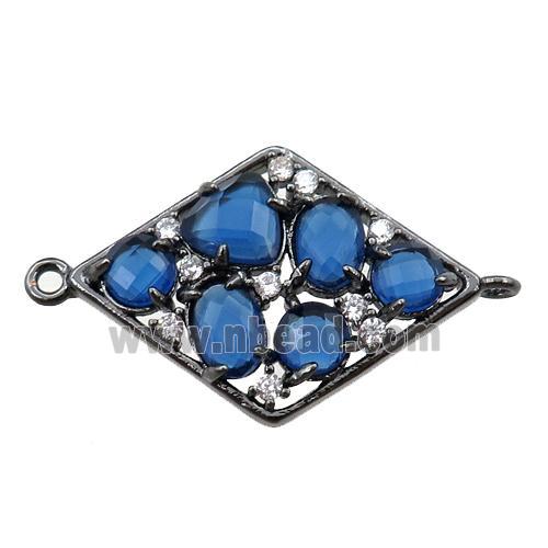copper polygon connector paved zircon with blue crystal glass, hollow, black plated