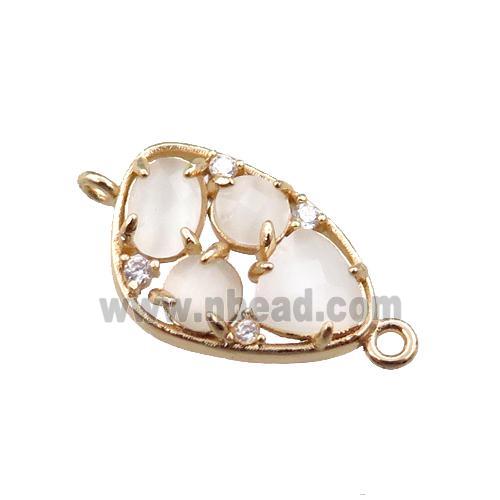 copper teardrop connector paved zircon with white crystal glass, hollow, gold plated