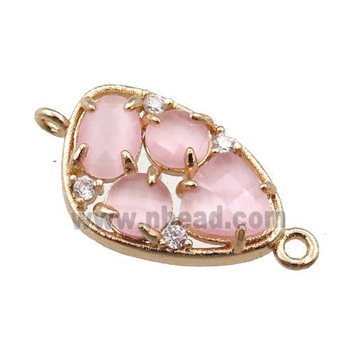 copper teardrop connector paved zircon with pink crystal glass, hollow, gold plated