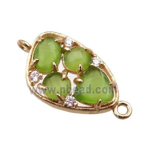 copper teardrop connector paved zircon with olive crystal glass, hollow, gold plated