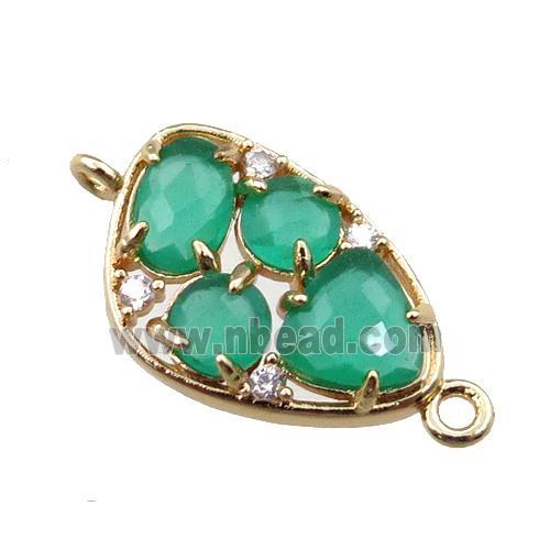 copper teardrop connector paved zircon with green crystal glass, hollow, gold plated