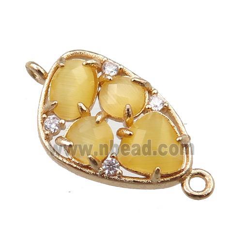 copper teardrop connector paved zircon with yellow crystal glass, hollow, gold plated