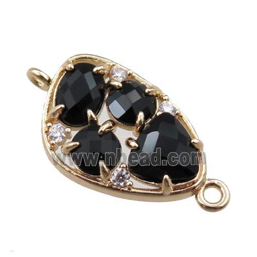 copper teardrop connector paved zircon with black crystal glass, hollow, gold plated