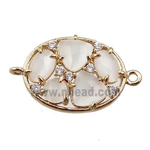 copper oval connector paved zircon with white crystal glass, hollow, gold plated