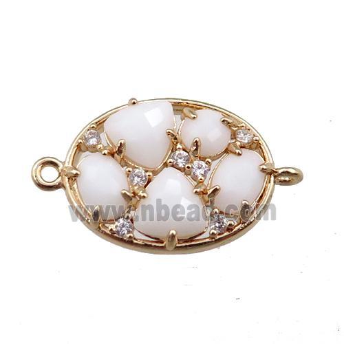copper oval connector paved zircon with white crystal glass, hollow, gold plated