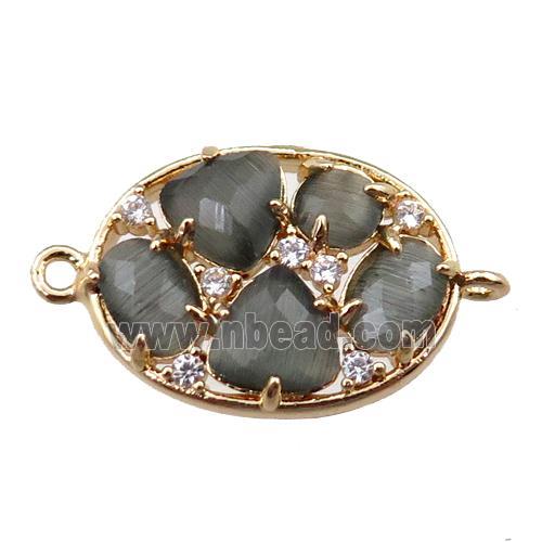 copper oval connector paved zircon with gray crystal glass, hollow, gold plated