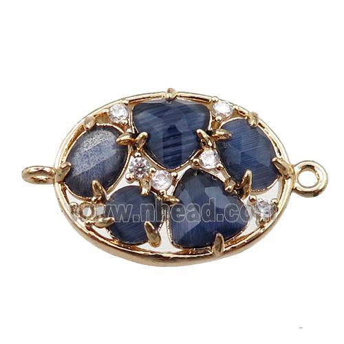 copper oval connector paved zircon with inkblue crystal glass, hollow, gold plated