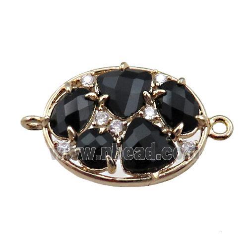 copper oval connector paved zircon with black crystal glass, hollow, gold plated