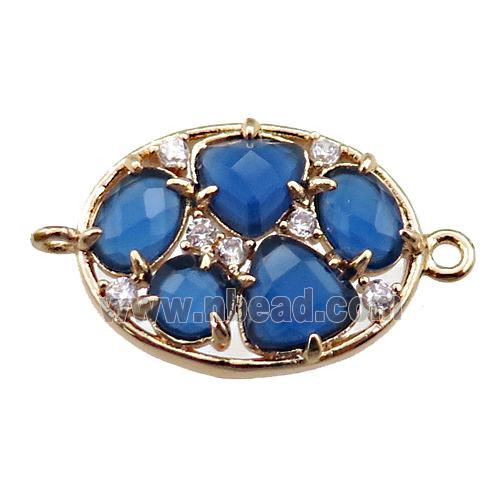 copper oval connector paved zircon with blue crystal glass, hollow, gold plated