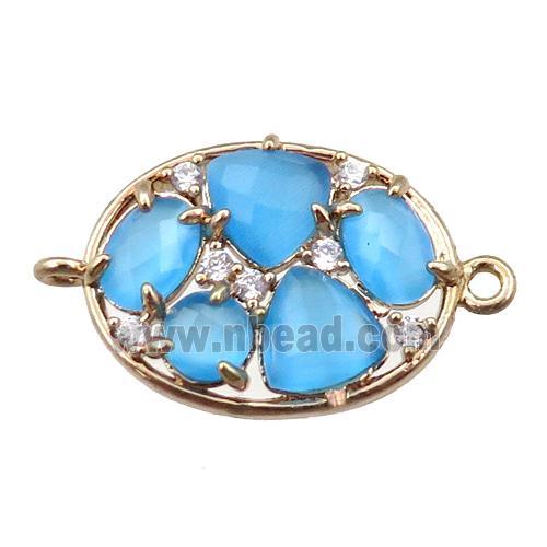copper oval connector paved zircon with blue crystal glass, hollow, gold plated