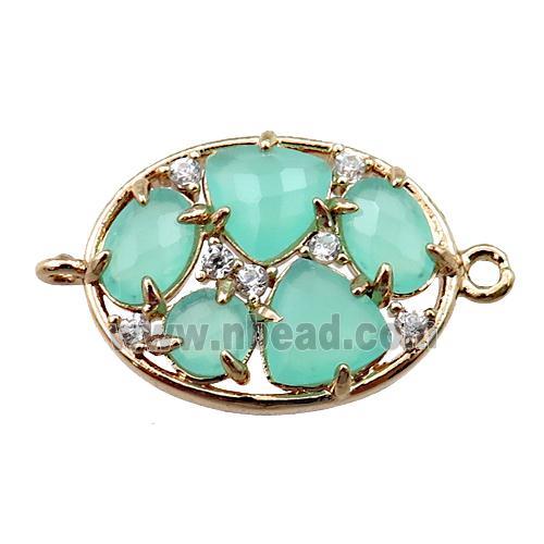 copper oval connector paved zircon with green crystal glass, hollow, gold plated