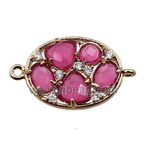 copper oval connector paved zircon with hotpink crystal glass, hollow, gold plated