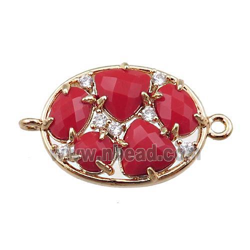 copper oval connector paved zircon with red crystal glass, hollow, gold plated