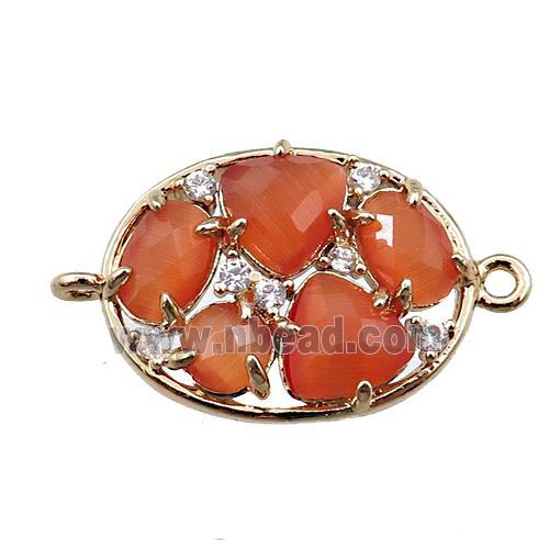 copper oval connector paved zircon with orange crystal glass, hollow, gold plated