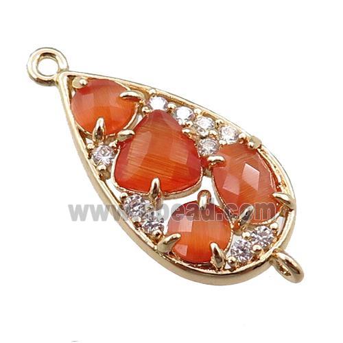 copper teardrop connector paved zircon with orange crystal glass, hollow, gold plated