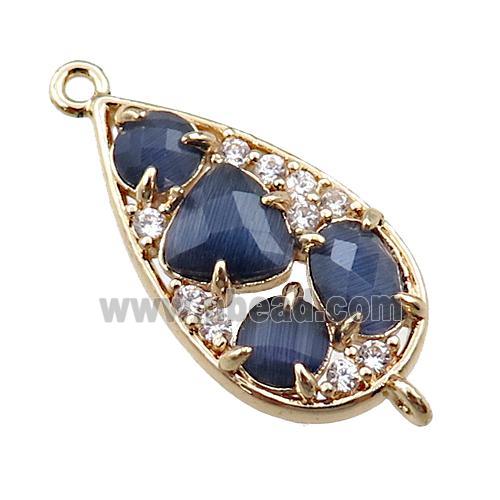 copper teardrop connector paved zircon with inkblue crystal glass, hollow, gold plated