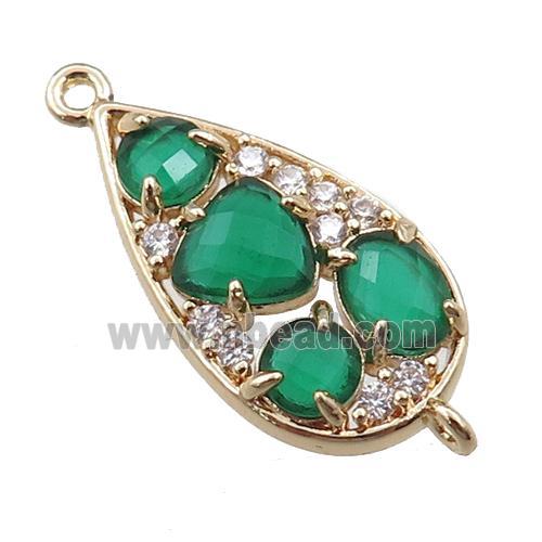 copper teardrop connector paved zircon with green crystal glass, hollow, gold plated