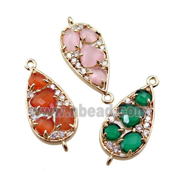 copper teardrop connector paved zircon with crystal glass, mixed, hollow, gold plated