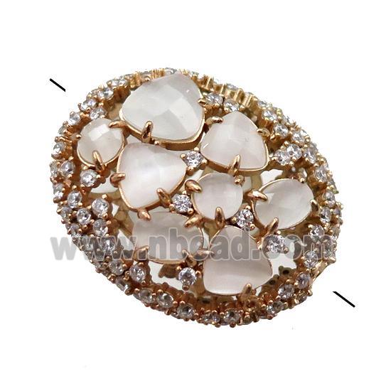 copper oval beads paved zircon with white crystal glass, hollow, gold plated