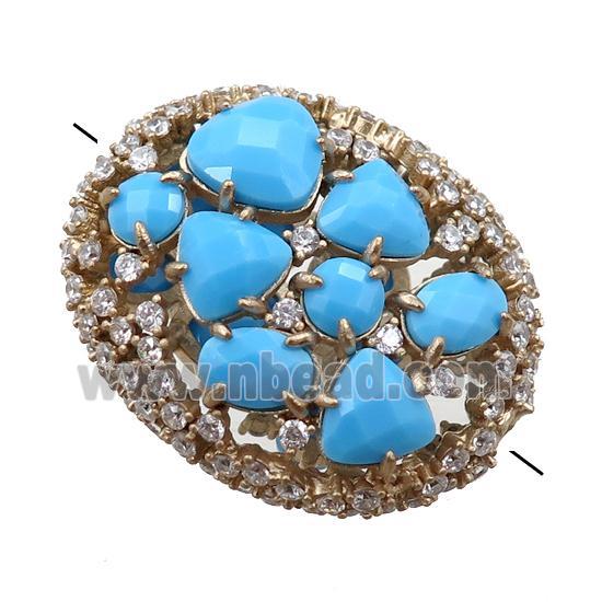 copper oval beads paved zircon with blue crystal glass, hollow, gold plated