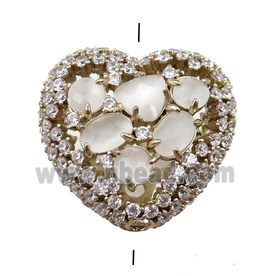 copper heart beads paved zircon with white crystal glass, hollow, gold plated